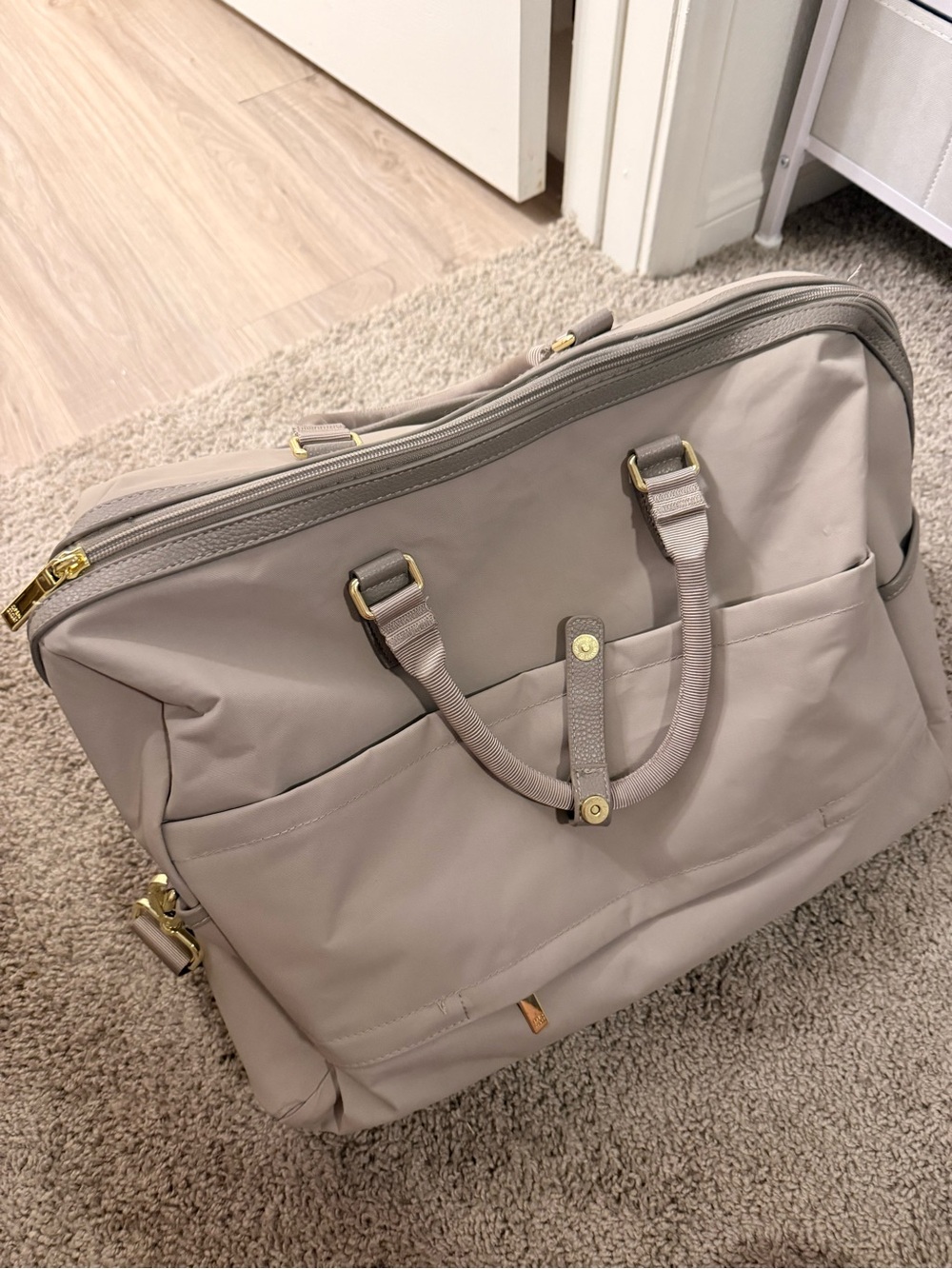 Neutral Taupe Travel Tote with Gold Hardware